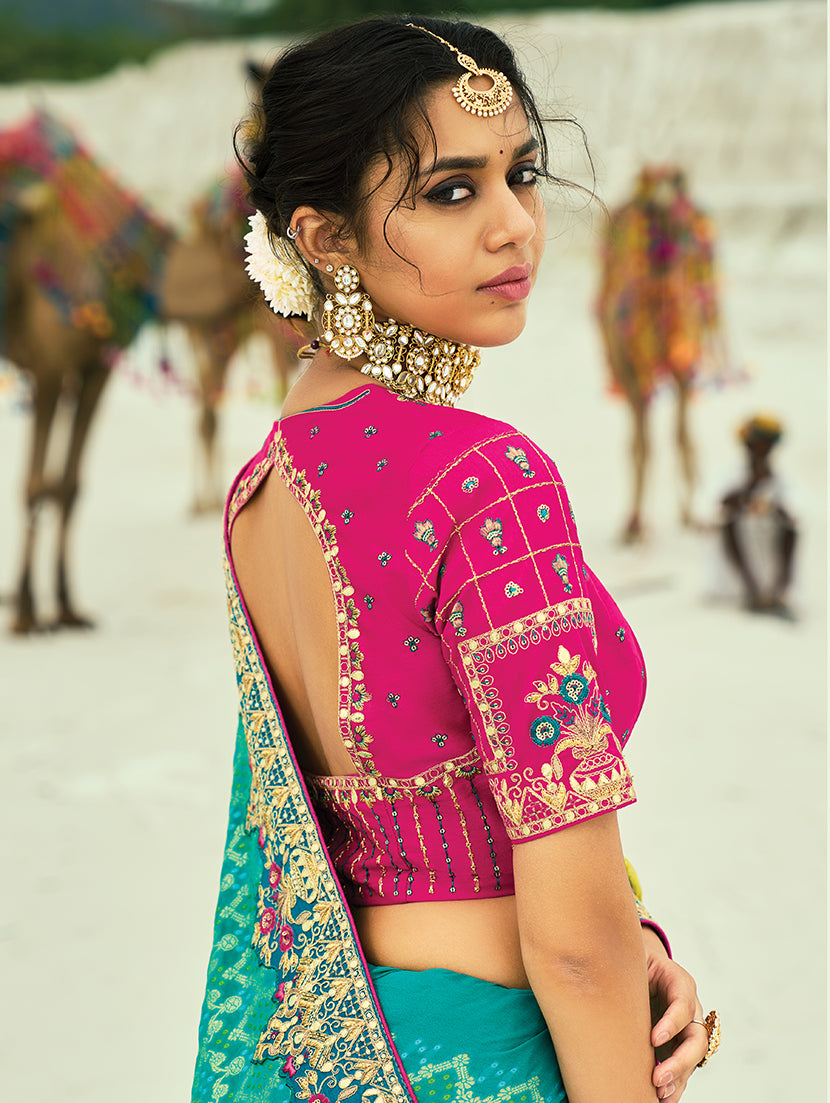 Monjolika Fashion Multicolor Embroidered Georgette Bandhej Designer Saree
