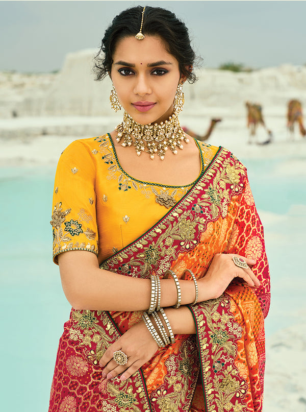 Monjolika Fashion Multicolor Embroidered Georgette Bandhej Designer Saree