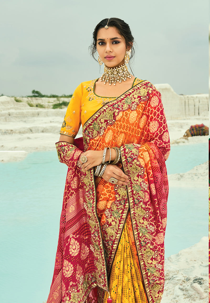 Monjolika Fashion Multicolor Embroidered Georgette Bandhej Designer Saree
