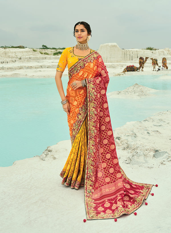 Monjolika Fashion Multicolor Embroidered Georgette Bandhej Designer Saree