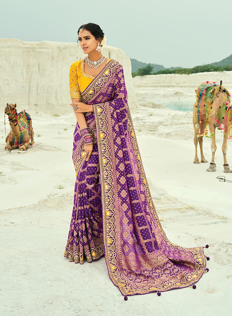 Monjolika Fashion Purple Embroidered Georgette Bandhej Designer Saree