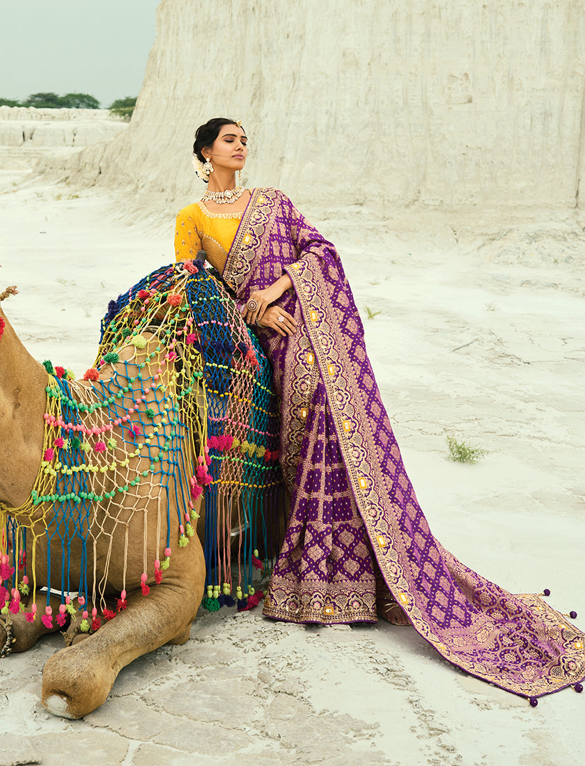 Monjolika Fashion Purple Embroidered Georgette Bandhej Designer Saree