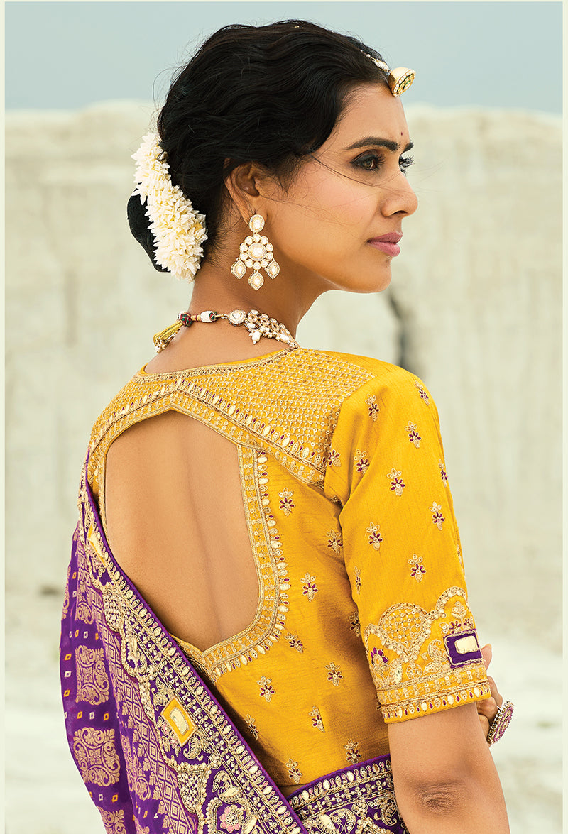 Monjolika Fashion Purple Embroidered Georgette Bandhej Designer Saree