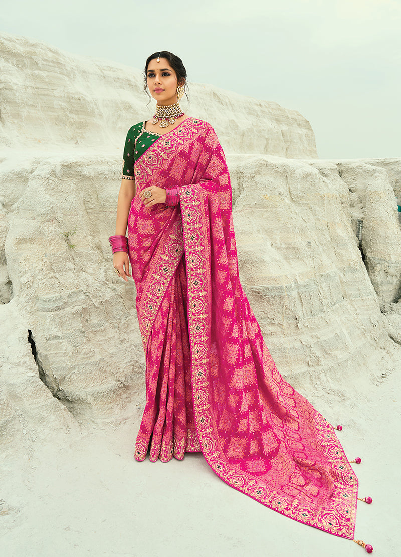 Monjolika Fashion Rani Pink Embroidered Georgette Bandhej Designer Saree