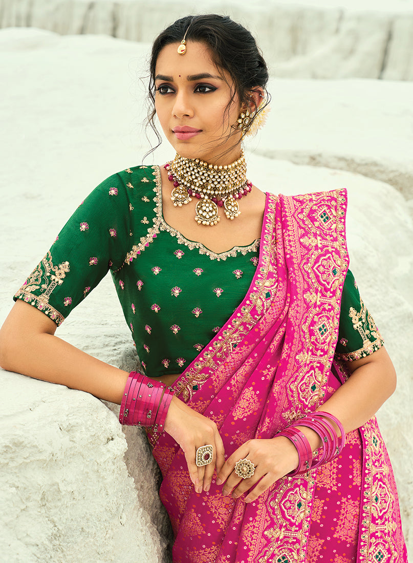 Monjolika Fashion Rani Pink Embroidered Georgette Bandhej Designer Saree