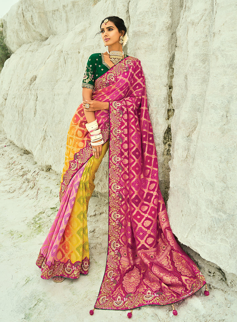 Monjolika Fashion Multicolor Embroidered Georgette Bandhej Designer Saree