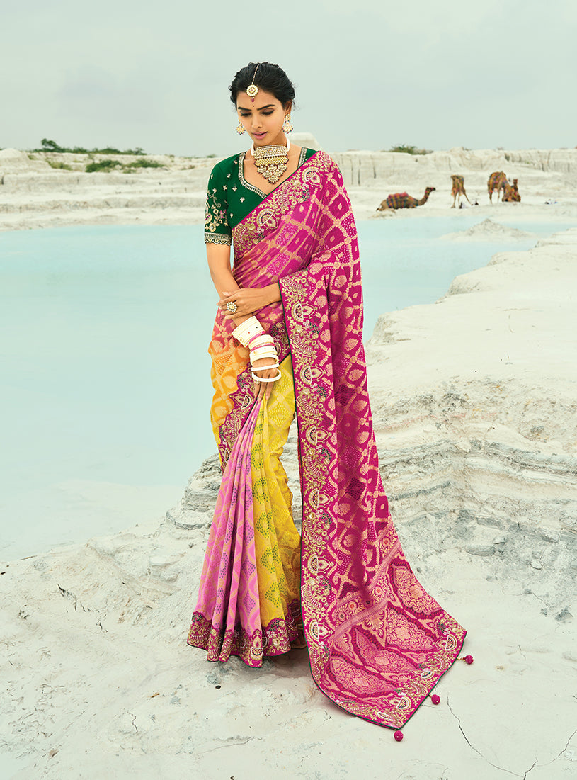 Monjolika Fashion Multicolor Embroidered Georgette Bandhej Designer Saree