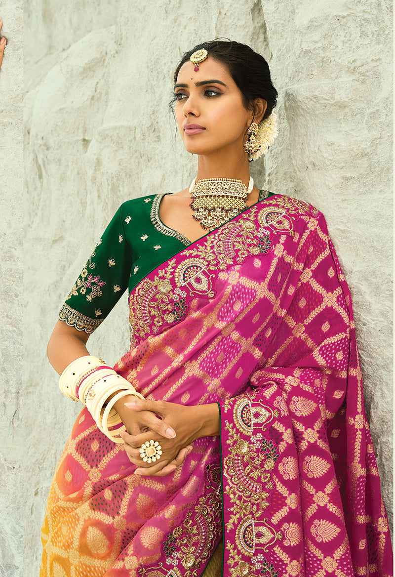 Monjolika Fashion Multicolor Embroidered Georgette Bandhej Designer Saree