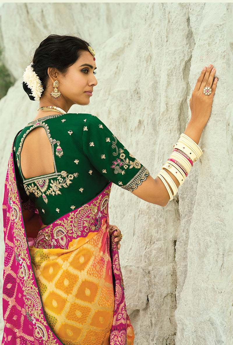 Monjolika Fashion Multicolor Embroidered Georgette Bandhej Designer Saree