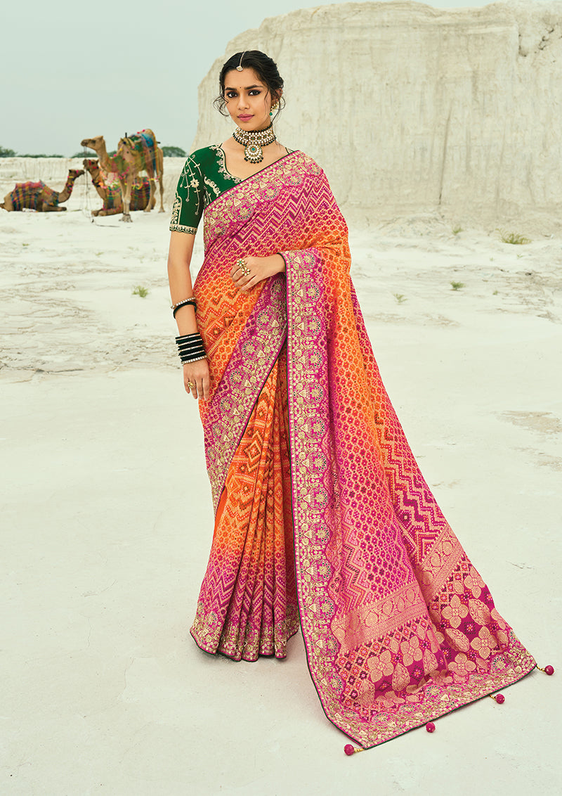 Monjolika Fashion Multicolor Embroidered Georgette Bandhej Designer Saree