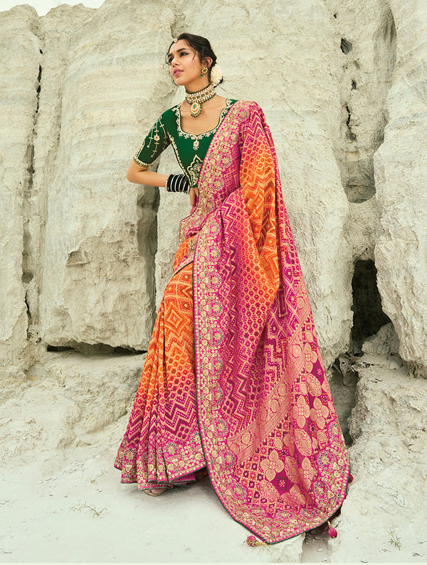 Monjolika Fashion Multicolor Embroidered Georgette Bandhej Designer Saree
