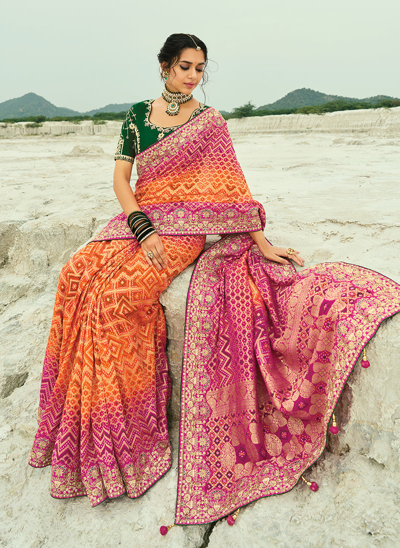 Monjolika Fashion Multicolor Embroidered Georgette Bandhej Designer Saree