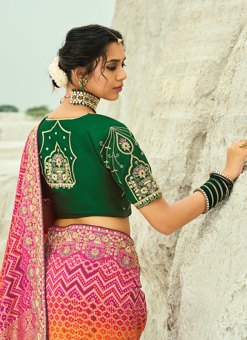 Monjolika Fashion Multicolor Embroidered Georgette Bandhej Designer Saree