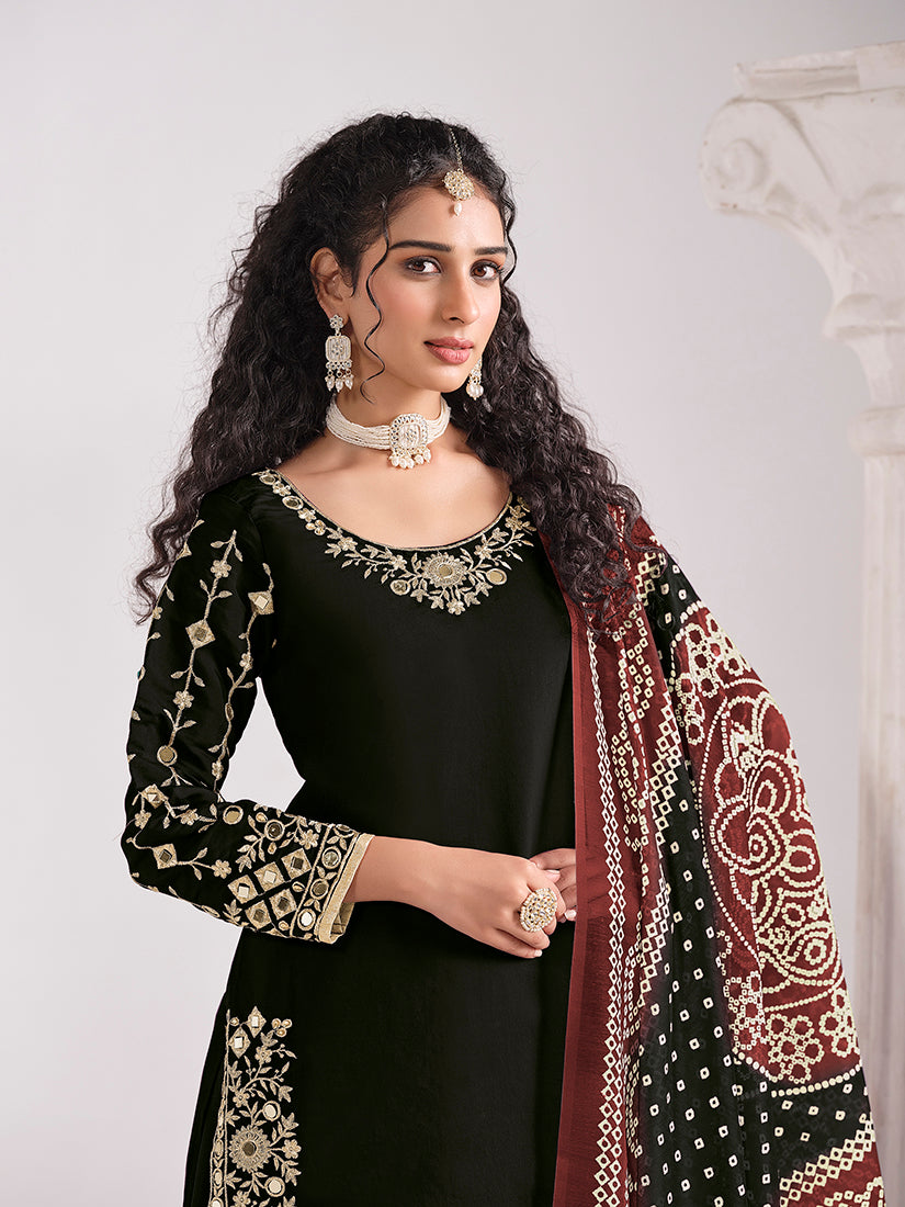Monjolika Fashion Embroidered Chanderi Silk Black Mirror Work Salwar Kameez