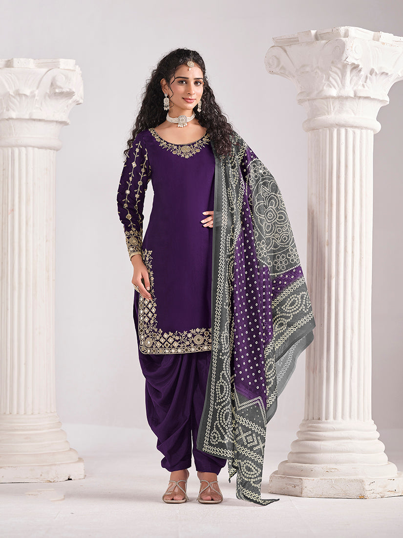 Monjolika Fashion Embroidered Chanderi Silk Purple Mirror Work Salwar Kameez