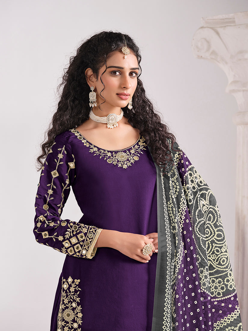 Monjolika Fashion Embroidered Chanderi Silk Purple Mirror Work Salwar Kameez