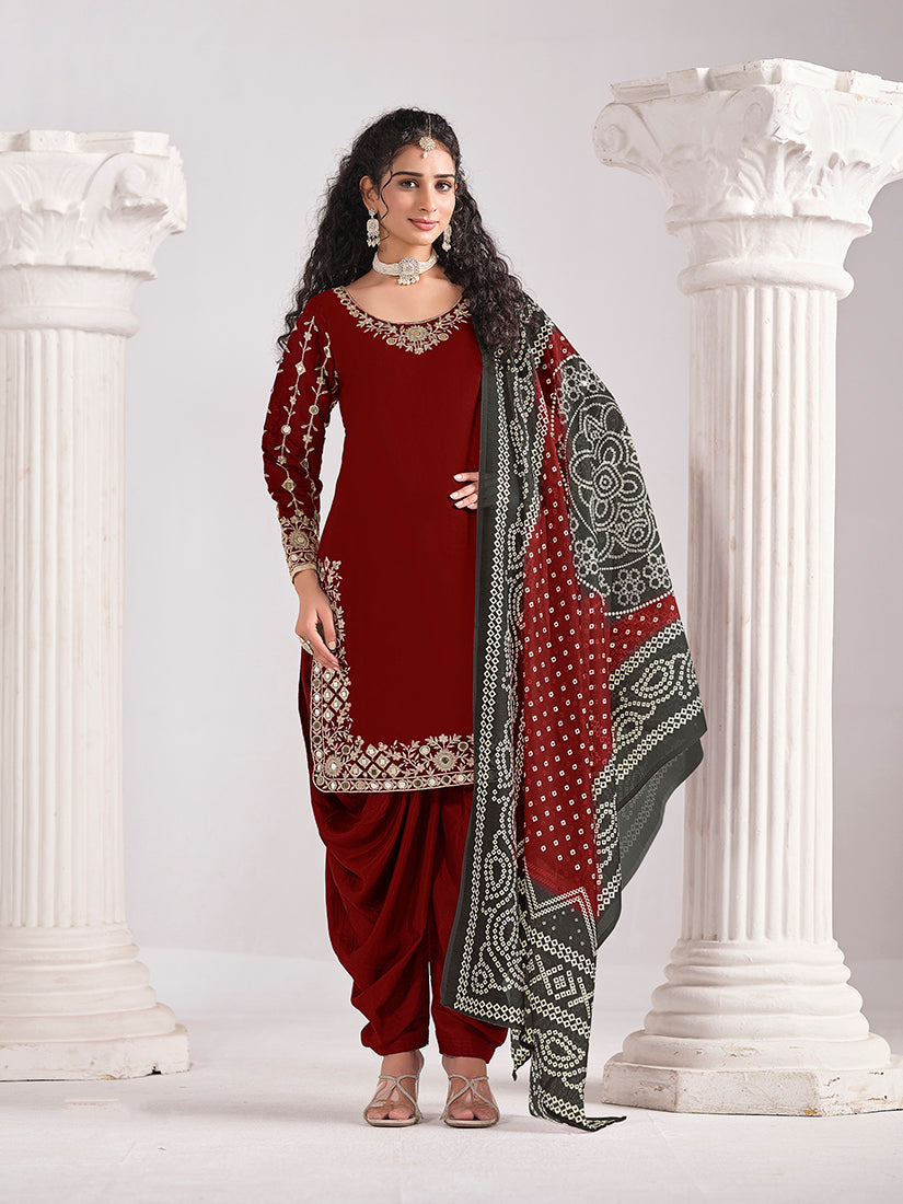 Monjolika Fashion Embroidered Chanderi Silk Maroon Mirror Work Salwar Kameez