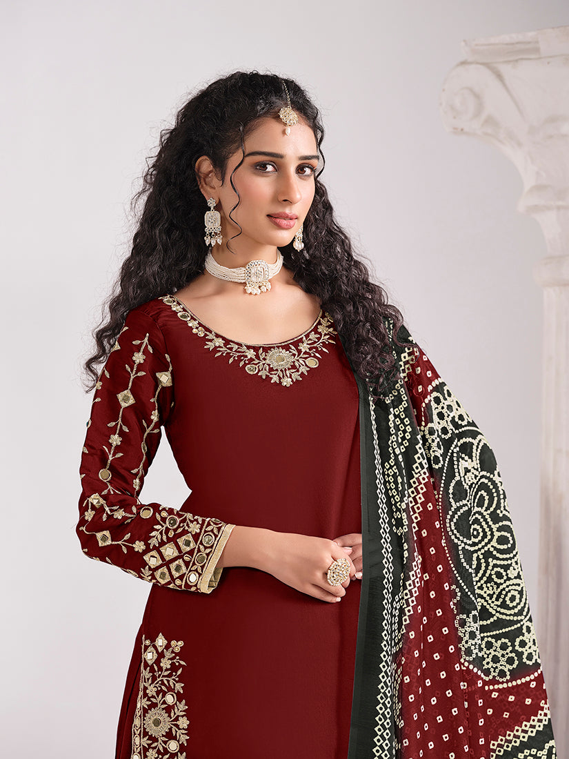 Monjolika Fashion Embroidered Chanderi Silk Maroon Mirror Work Salwar Kameez