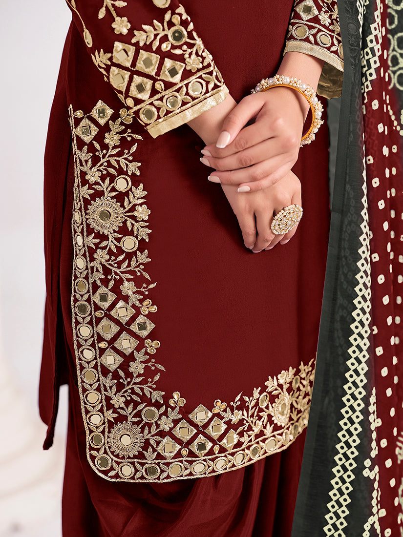 Monjolika Fashion Embroidered Chanderi Silk Maroon Mirror Work Salwar Kameez