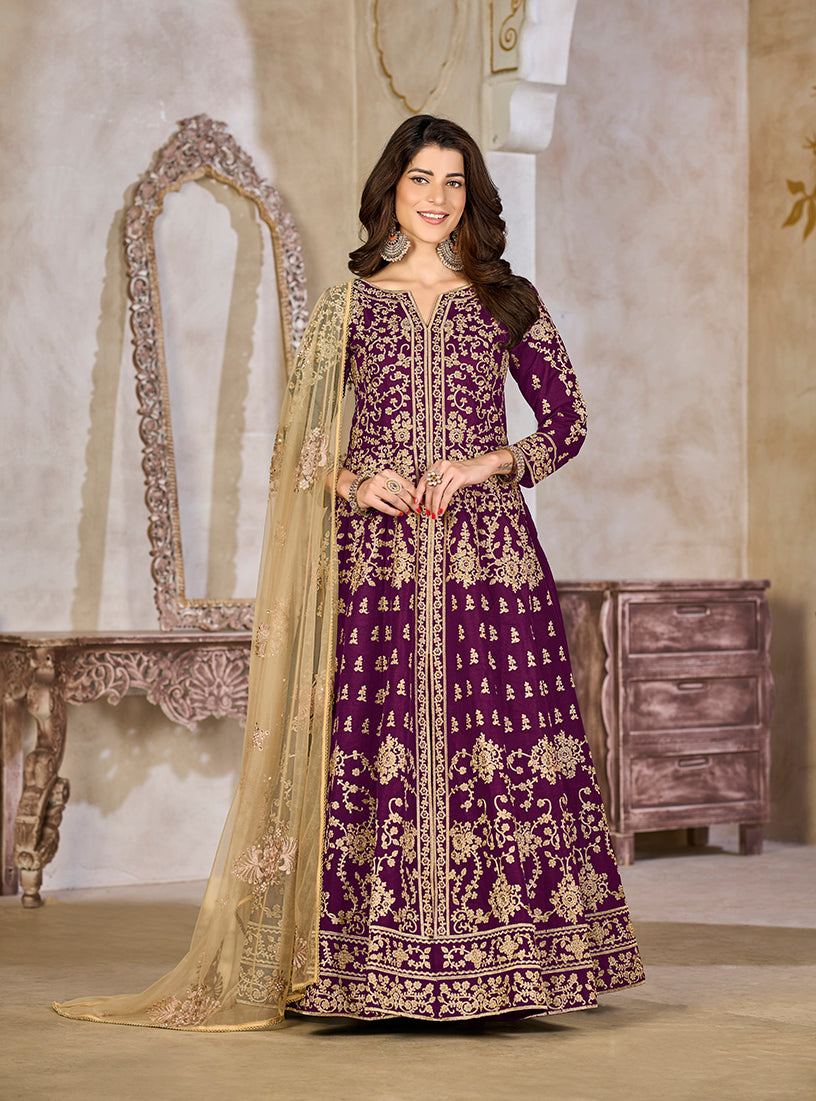 Monjolika Fashion Purple Color Art Silk Embroidered Anarkali Salwar Kameez