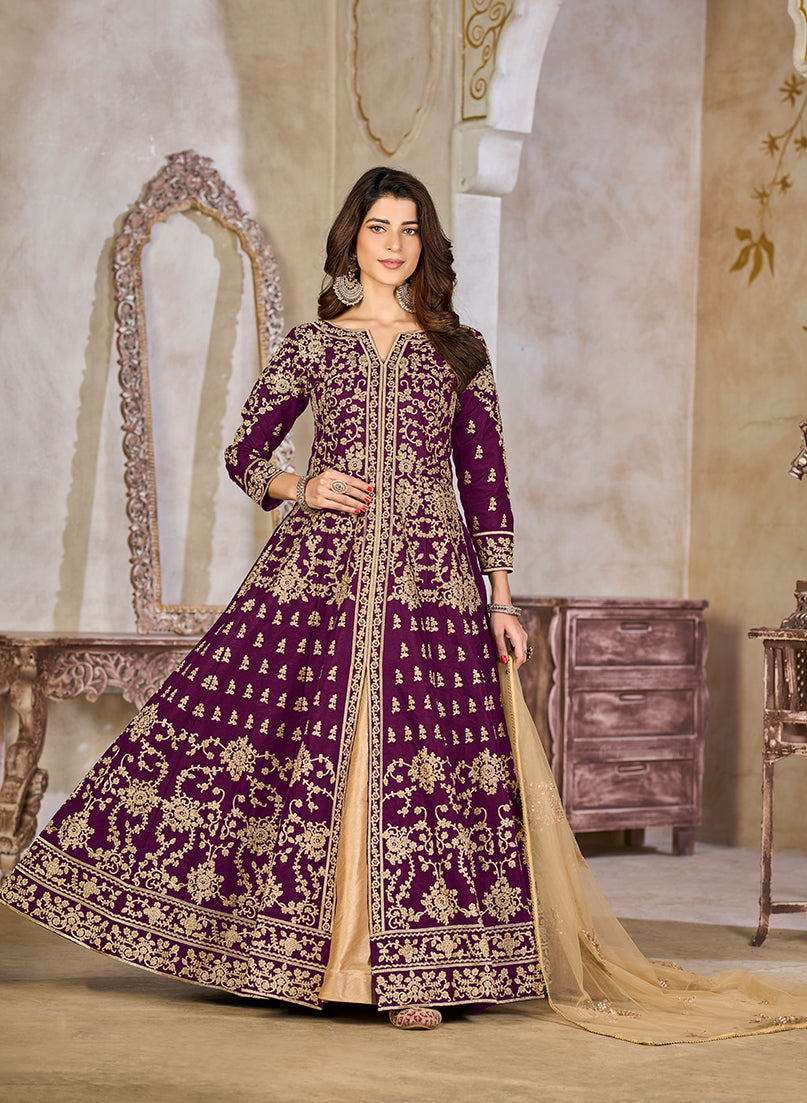 Monjolika Fashion Purple Color Art Silk Embroidered Anarkali Salwar Kameez