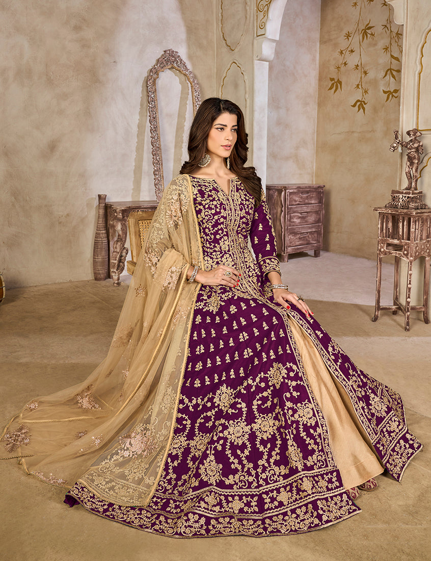 Monjolika Fashion Purple Color Art Silk Embroidered Anarkali Salwar Kameez