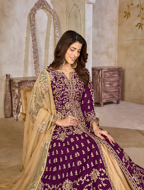 Monjolika Fashion Purple Color Art Silk Embroidered Anarkali Salwar Kameez