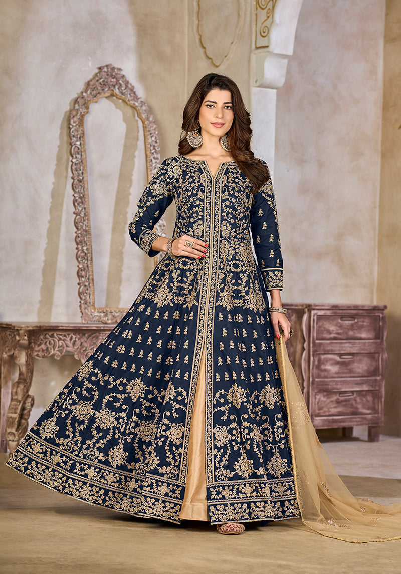 Monjolika Fashion Navy Blue Color Art Silk Embroidered Anarkali Salwar Kameez