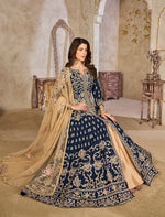 Thumbnail for Monjolika Fashion Navy Blue Color Art Silk Embroidered Anarkali Salwar Kameez
