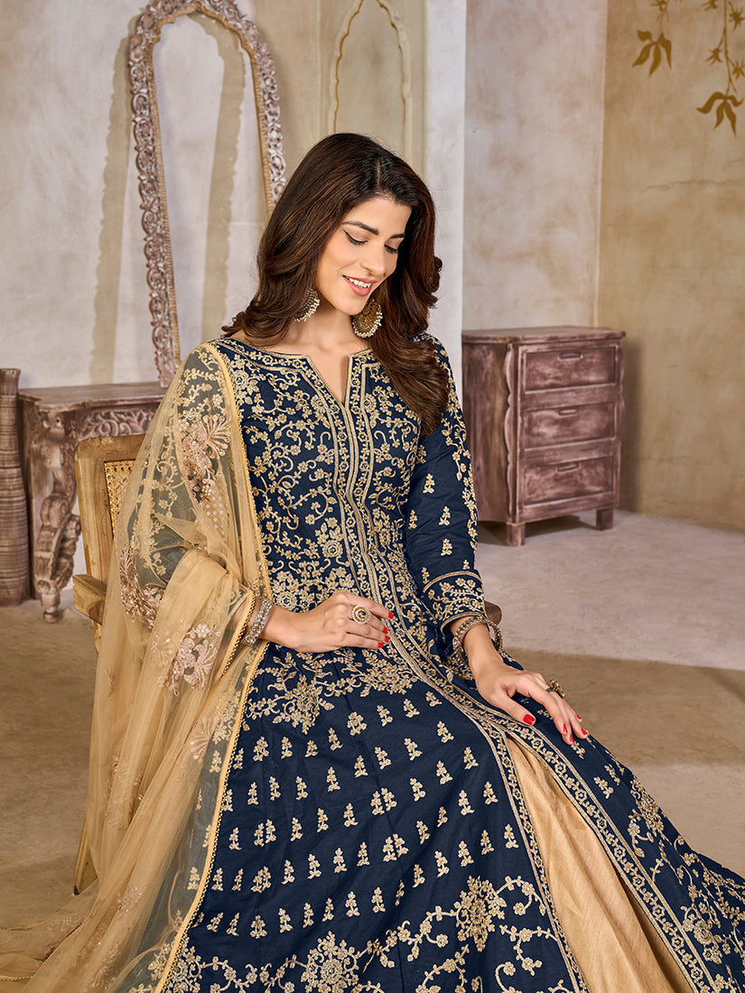 Monjolika Fashion Navy Blue Color Art Silk Embroidered Anarkali Salwar Kameez