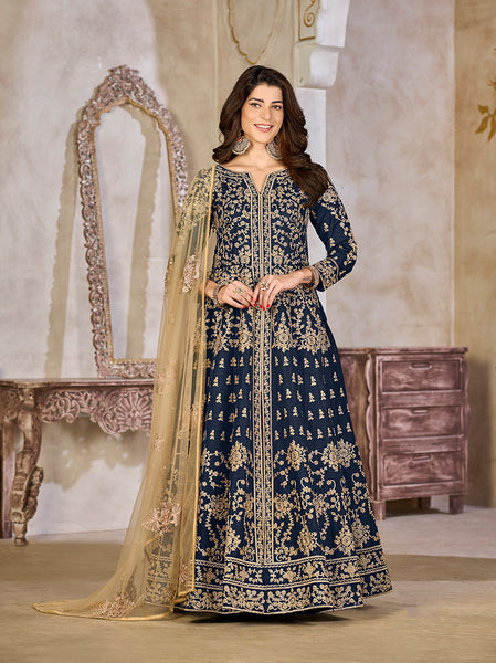 Monjolika Fashion Navy Blue Color Art Silk Embroidered Anarkali Salwar Kameez