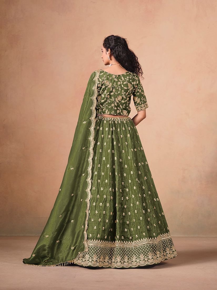 Monjolika Fashion Organza Embroidered Olive Green Designer Long Lehenga Choli - Distacart