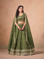 Thumbnail for Monjolika Fashion Organza Embroidered Olive Green Designer Long Lehenga Choli - Distacart