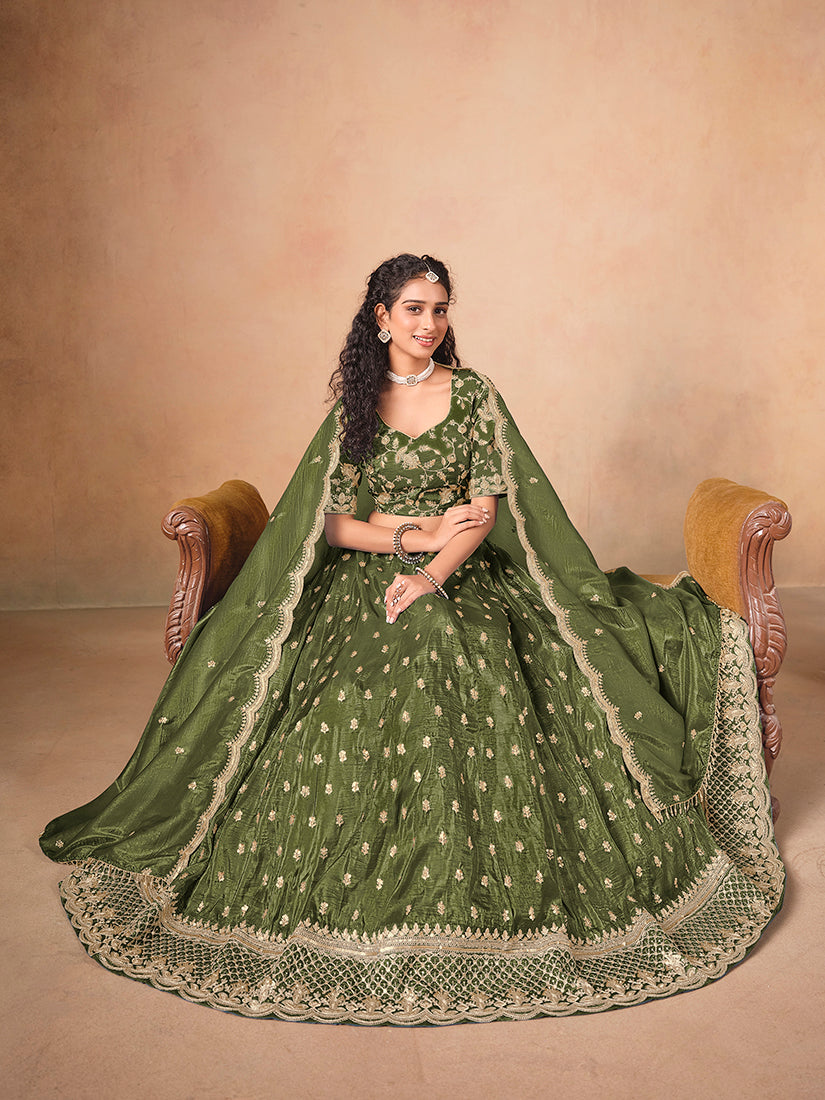 Monjolika Fashion Organza Embroidered Olive Green Designer Long Lehenga Choli - Distacart