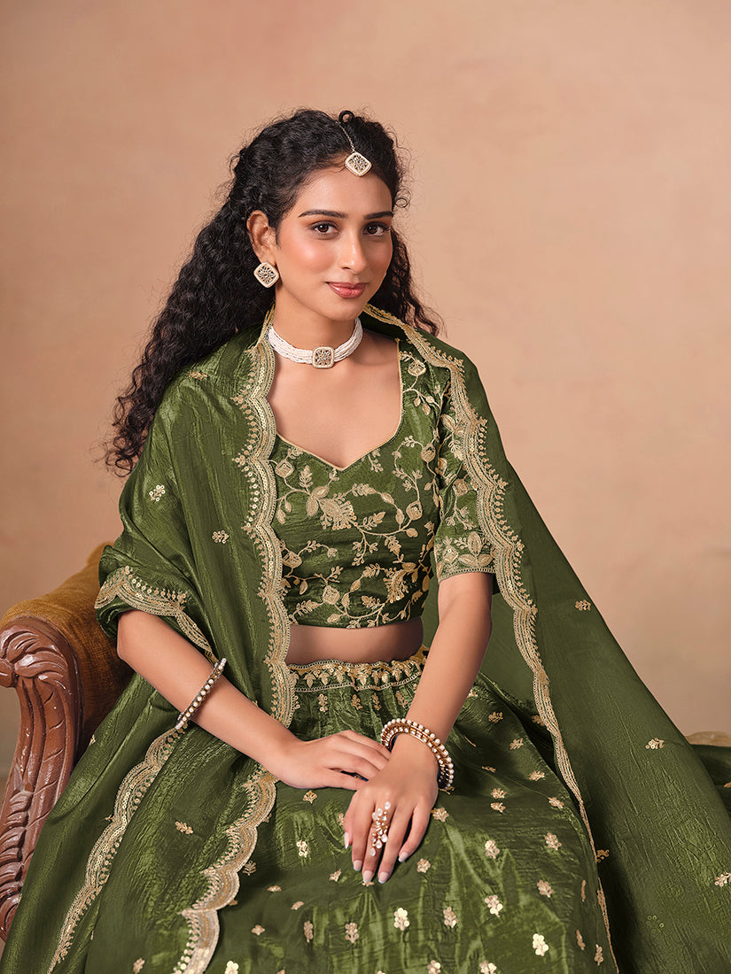 Monjolika Fashion Organza Embroidered Olive Green Designer Long Lehenga Choli - Distacart