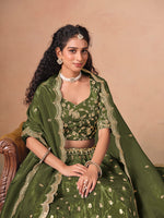 Thumbnail for Monjolika Fashion Organza Embroidered Olive Green Designer Long Lehenga Choli - Distacart