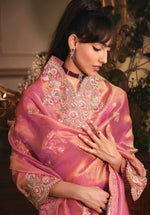 Thumbnail for Monjolika Fashion Designer Pink Tissue Organza Saree With All Over Butta Work & Heavy Stone Embellished Border