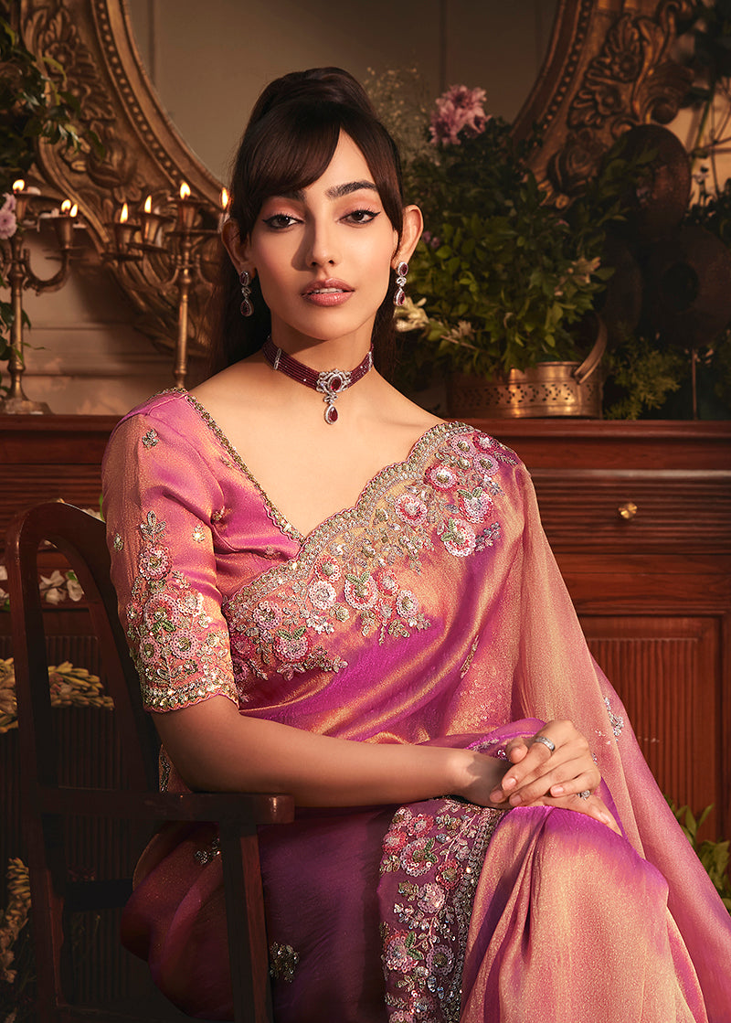 Monjolika Fashion Designer Pink Tissue Organza Saree With All Over Butta Work & Heavy Stone Embellished Border