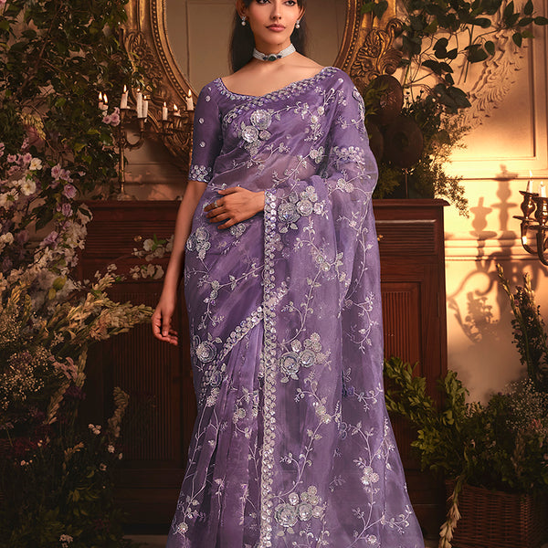 Monjolika Fashion Designer Purple Tissue Organza Saree With All Over Butta Work & Heavy Stone Embellished Border - Distacart