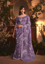 Thumbnail for Monjolika Fashion Designer Purple Tissue Organza Saree With All Over Butta Work & Heavy Stone Embellished Border