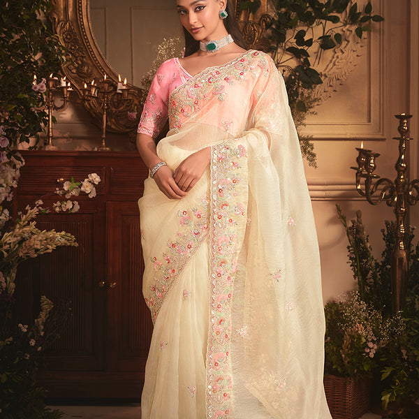 Monjolika Fashion Designer Cream Tissue Organza Saree With All Over Butta Work & Heavy Stone Embellished Border - Distacart