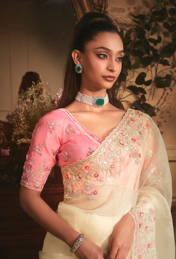 Monjolika Fashion Designer Cream Tissue Organza Saree With All Over Butta Work & Heavy Stone Embellished Border