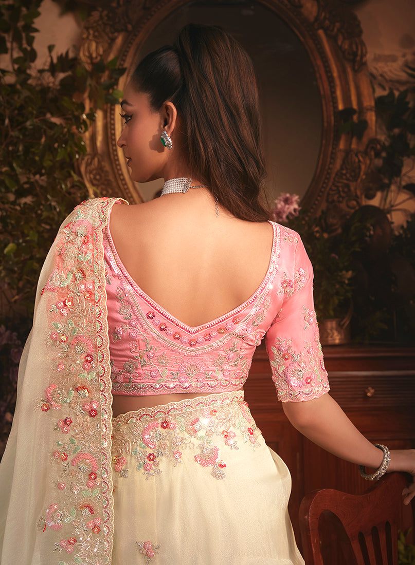 Monjolika Fashion Designer Cream Tissue Organza Saree With All Over Butta Work & Heavy Stone Embellished Border
