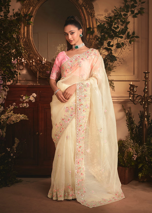 Monjolika Fashion Designer Cream Tissue Organza Saree With All Over Butta Work & Heavy Stone Embellished Border