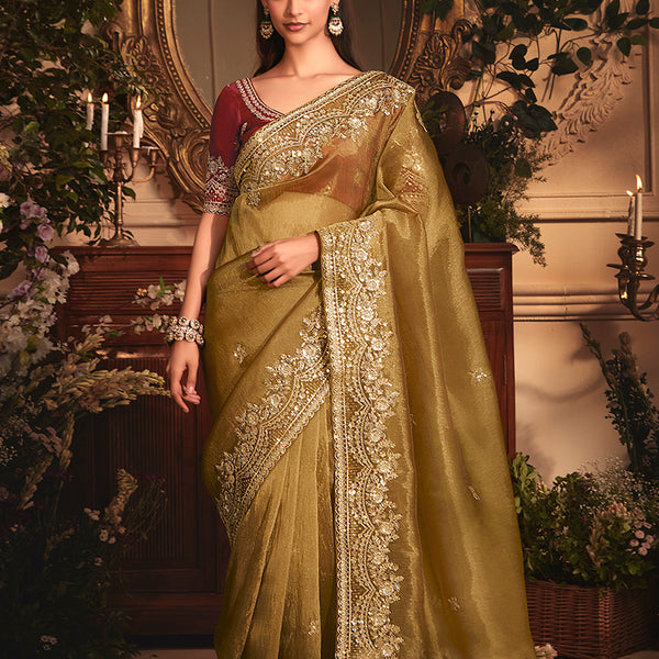 Monjolika Fashion Designer Golden Tissue Organza Saree With All Over Butta Work & Heavy Stone Embellished Border - Distacart