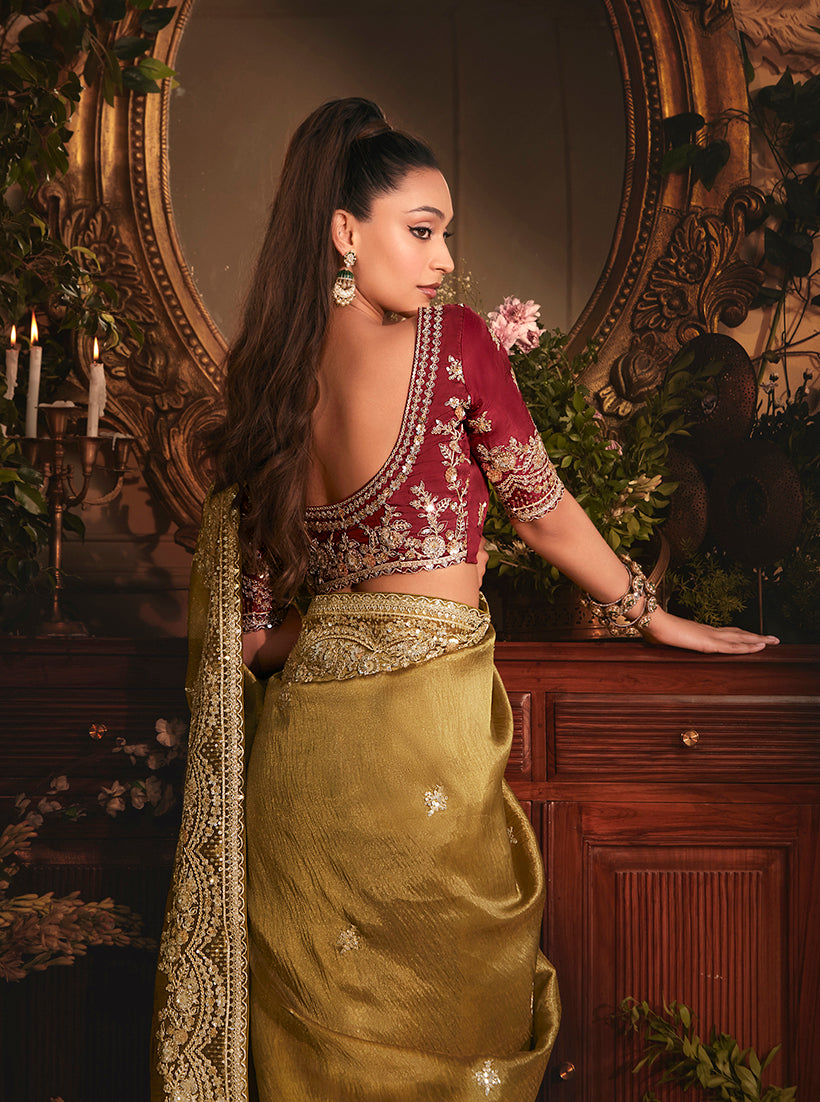 Monjolika Fashion Designer Golden Tissue Organza Saree With All Over Butta Work & Heavy Stone Embellished Border