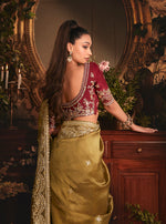 Thumbnail for Monjolika Fashion Designer Golden Tissue Organza Saree With All Over Butta Work & Heavy Stone Embellished Border