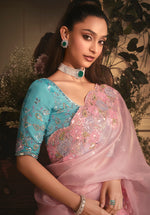 Thumbnail for Monjolika Fashion Designer Light Pink Tissue Organza Saree With All Over Butta Work & Heavy Stone Embellished Border