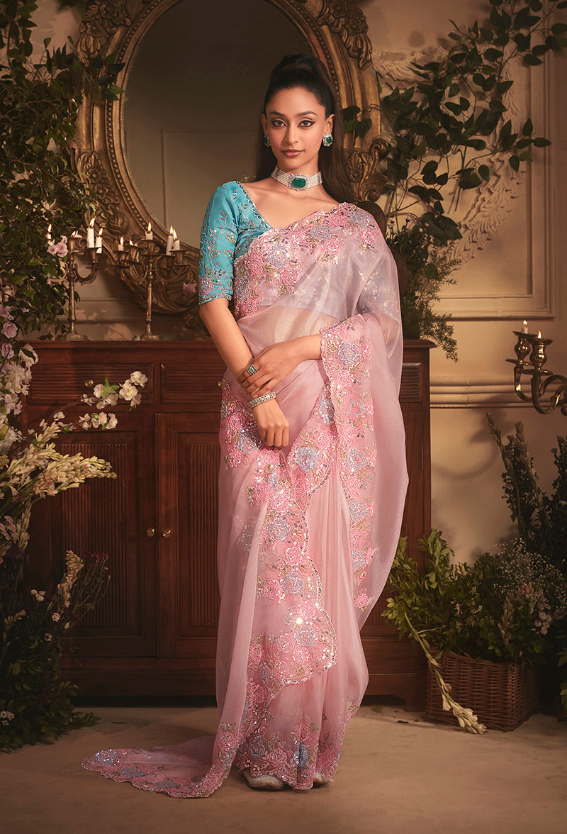 Monjolika Fashion Designer Light Pink Tissue Organza Saree With All Over Butta Work & Heavy Stone Embellished Border