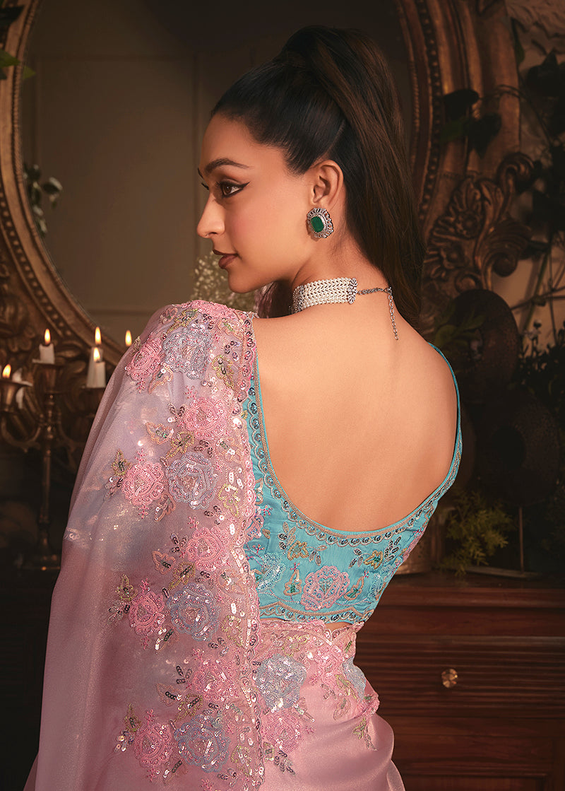 Monjolika Fashion Designer Light Pink Tissue Organza Saree With All Over Butta Work & Heavy Stone Embellished Border